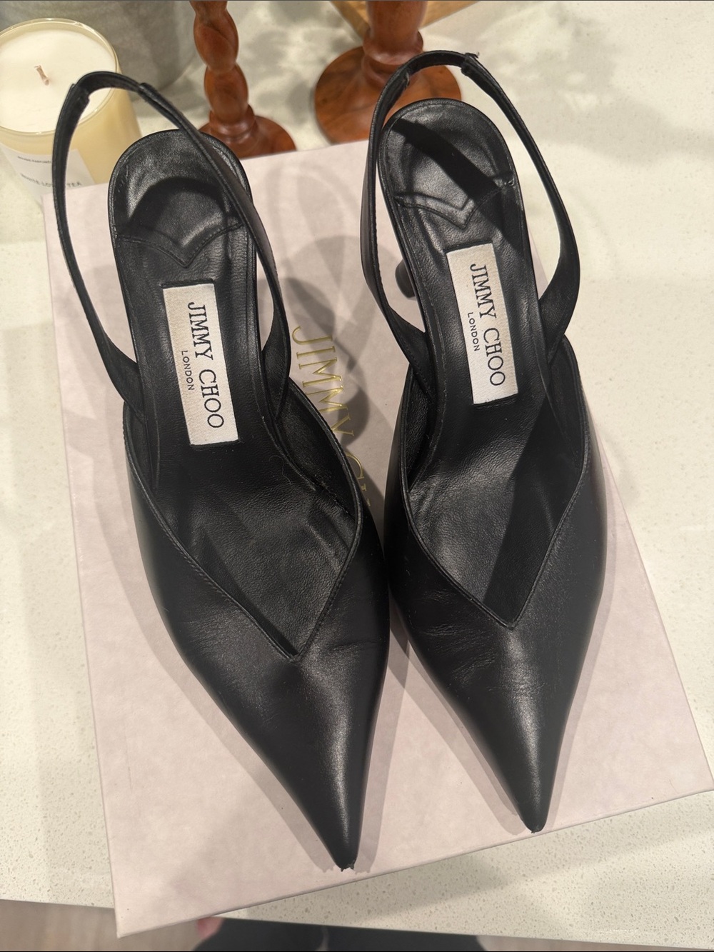 Jimmy Choo Black Leather Pointed Slingback Pumps
